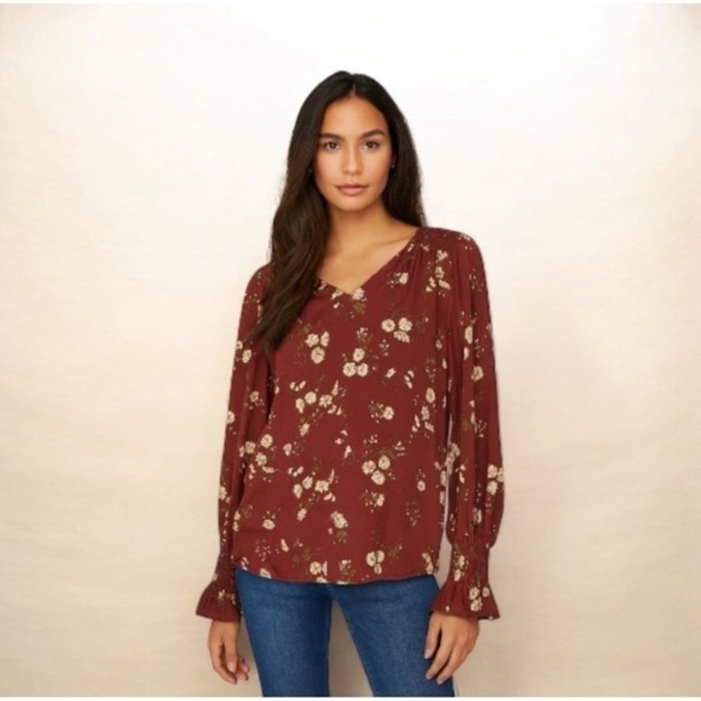 Doe & Rae Floral Smocked Romantic Blouse | Maroon‎ / Burgundy | Women's S | NWOT